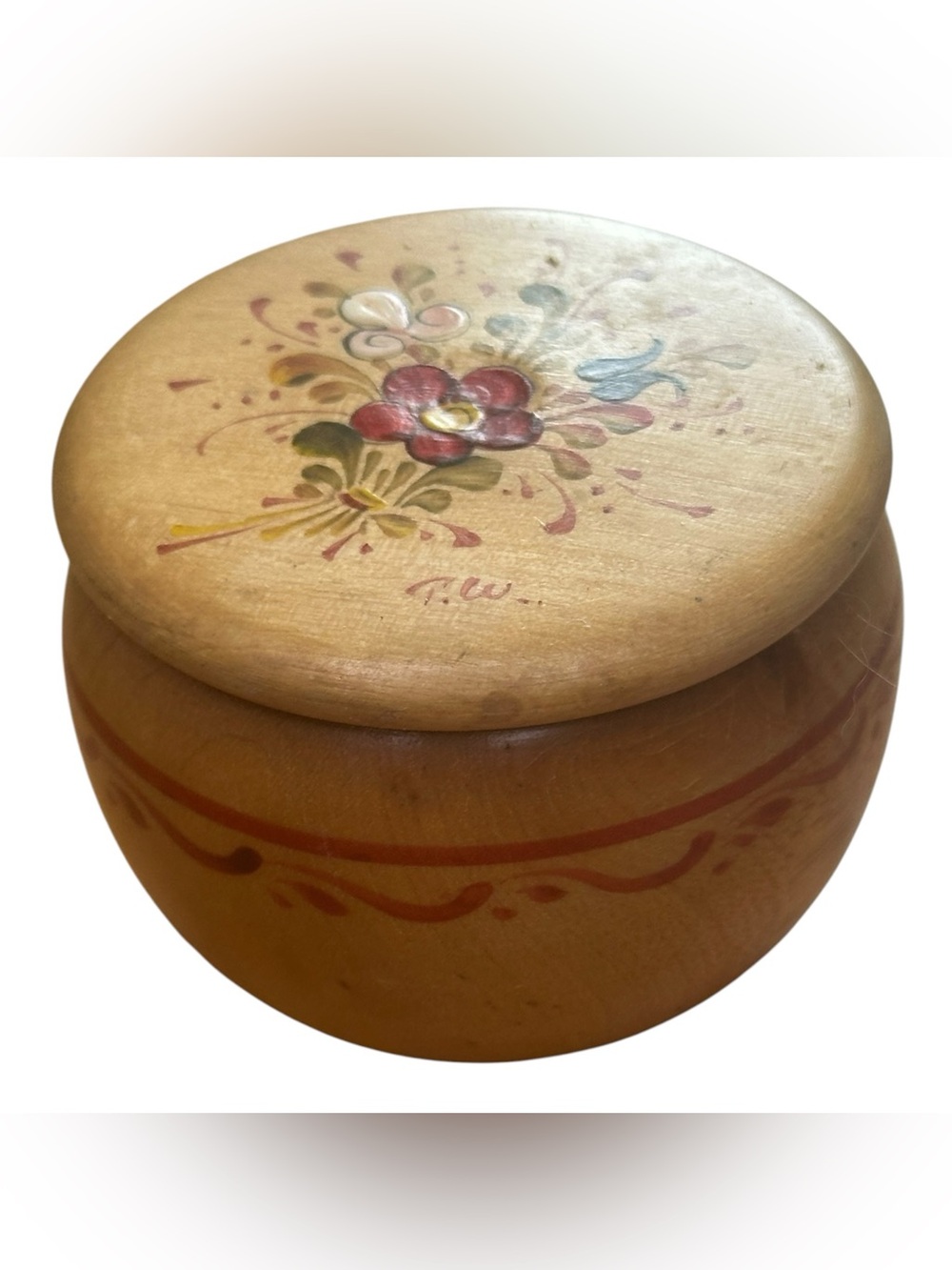 Vintage Hand Painted Wooden Trinket Box Floral Folk Art Round Signed 3” - Picture 3 of 6